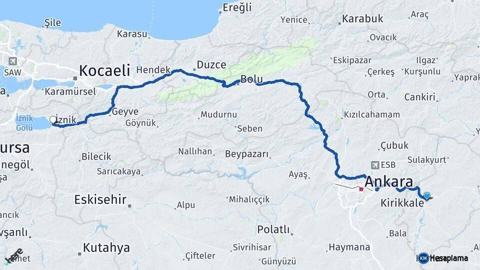 Kırıkkale İznik Bursa Arası Kaç Km - Yol Haritası