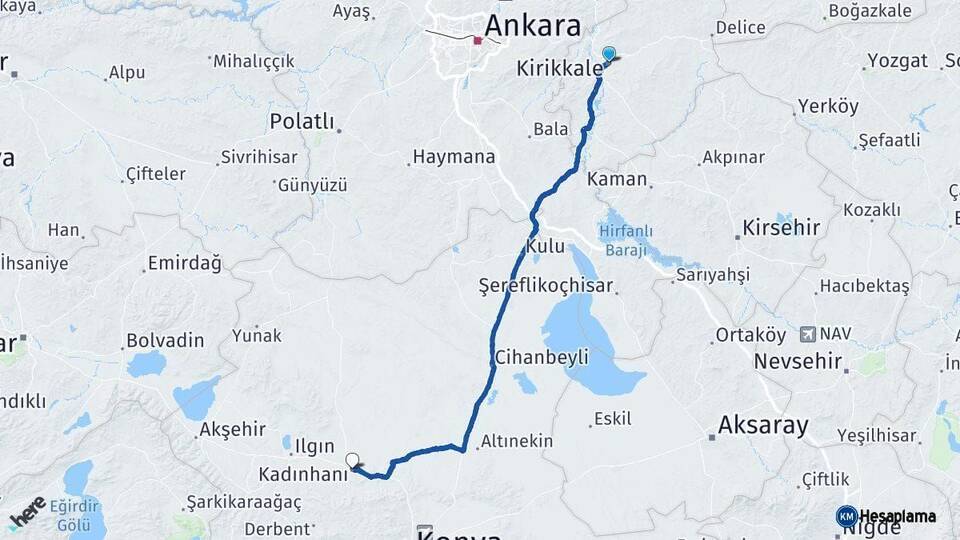 Kırıkkale Kadınhanı Konya Arası Kaç Km - Yol Haritası