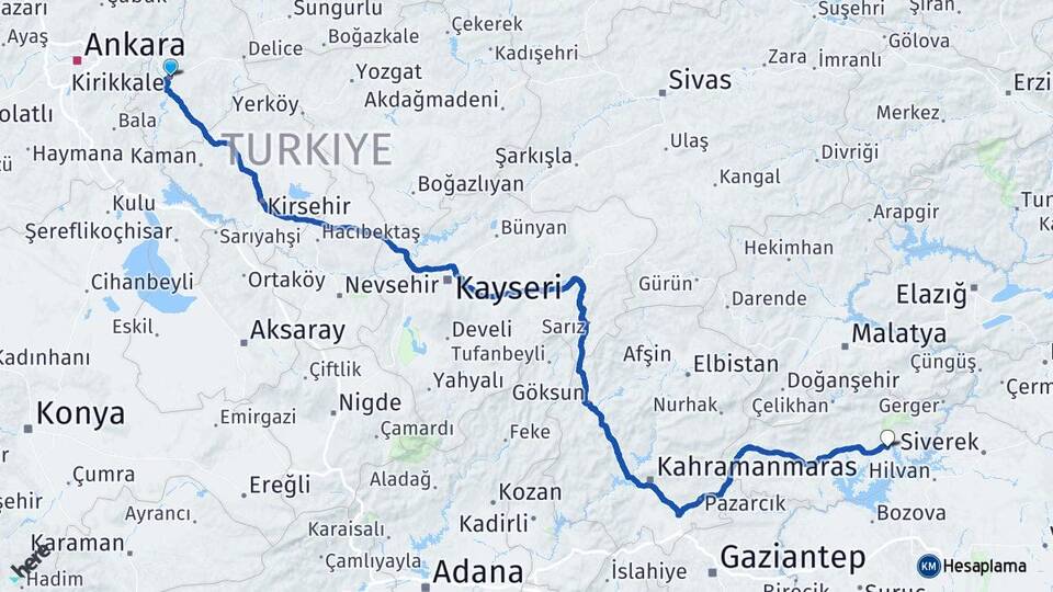 Kırıkkale Kahta Adıyaman Arası Kaç Km - Yol Haritası