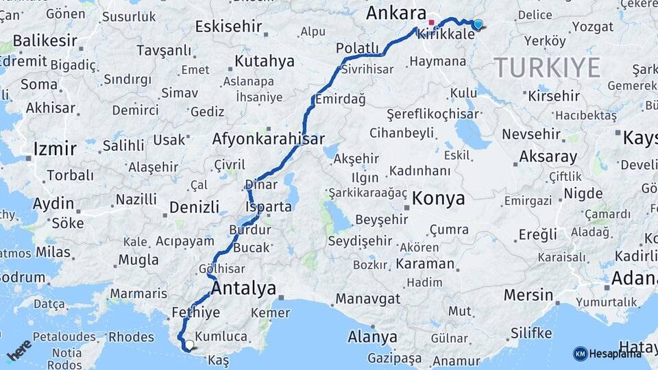 Kırıkkale Kalkan Kaş Antalya Arası Kaç Km - Yol Haritası