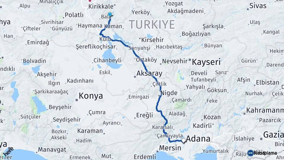 Kırıkkale Karakeçili Adana Arası Kaç Km - Yol Haritası