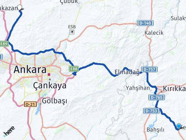 Kırıkkale Keskin Kahramankazan Ankara Arası Kaç Km - Yol Haritası
