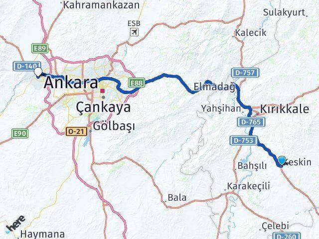 Kırıkkale Keskin Sincan Ankara Arası Kaç Km - Yol Haritası