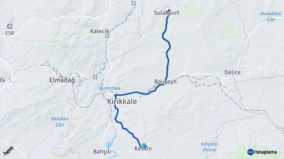 Kırıkkale Keskin Sulakyurt Arası Kaç Km - Yol Haritası