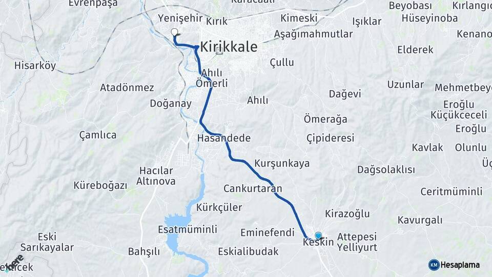 Kırıkkale Keskin Yahşihan Arası Kaç Km - Yol Haritası