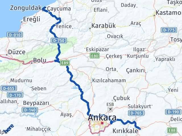 Kırıkkale Kilimli Zonguldak Arası Kaç Km - Yol Haritası