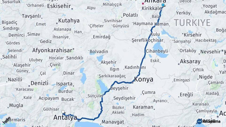 Kırıkkale Korkuteli Antalya Arası Kaç Km - Yol Haritası