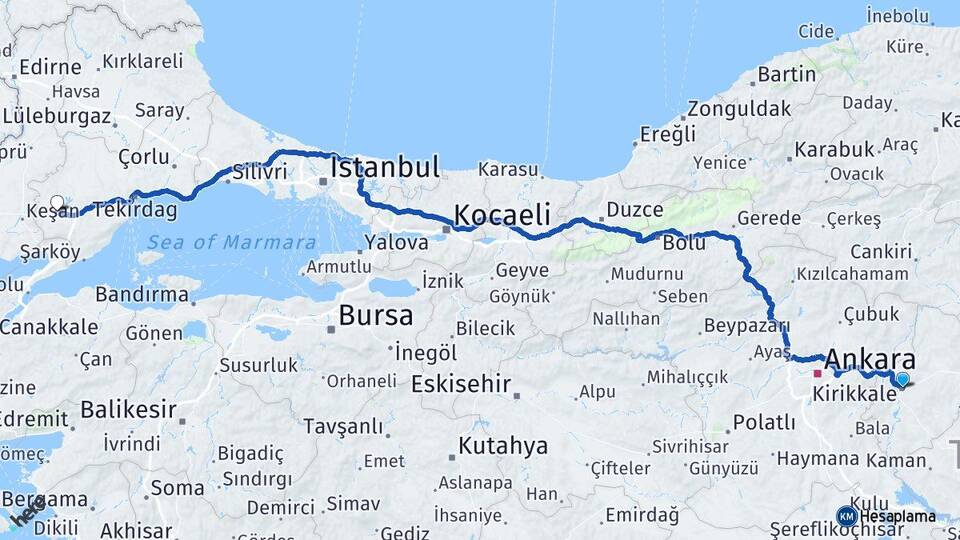 Kırıkkale Malkara Tekirdağ Arası Kaç Km - Yol Haritası