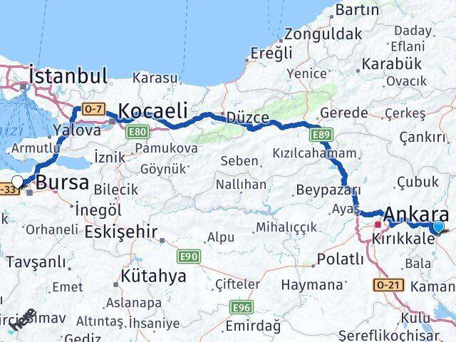 Kırıkkale Nilüfer Bursa Arası Kaç Km - Yol Haritası