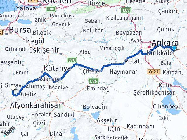 Kırıkkale Şaphane Kütahya Arası Kaç Km - Yol Haritası