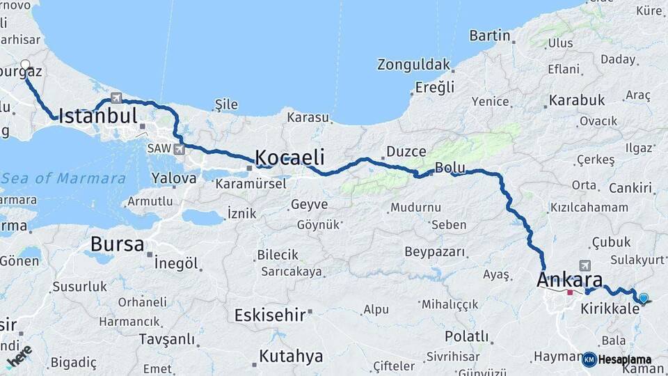 Kırıkkale Saray Tekirdağ Arası Kaç Km - Yol Haritası