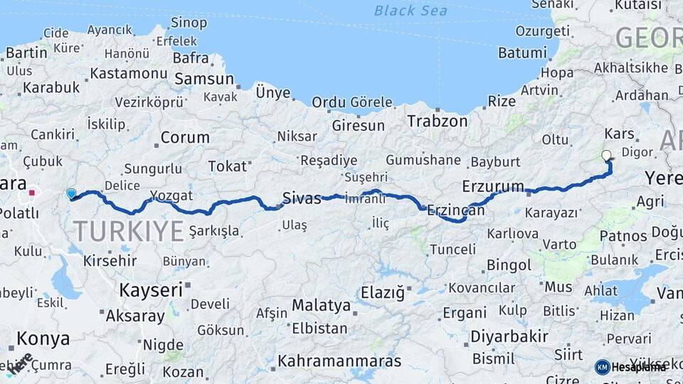 Kırıkkale Sarıkamış Kars Arası Kaç Km - Yol Haritası