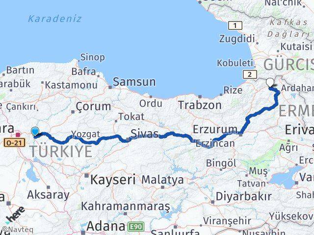 Kırıkkale Şavşat Artvin Arası Kaç Km - Yol Haritası