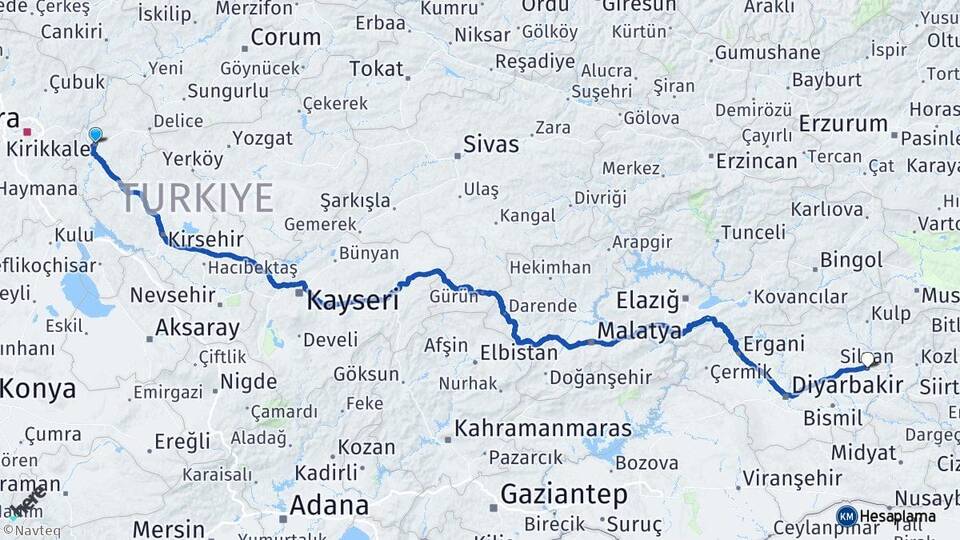 Kırıkkale Silvan Diyarbakır Arası Kaç Km - Yol Haritası