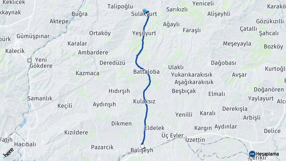 Kırıkkale Sulakyurt Balışeyh Arası Kaç Km - Yol Haritası
