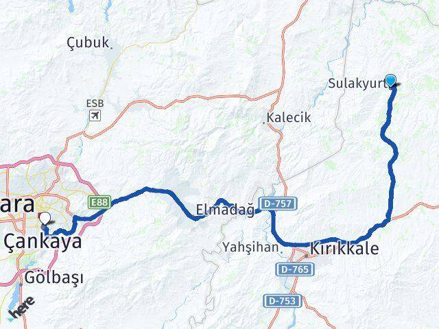 Kırıkkale Sulakyurt Çankaya Ankara Arası Kaç Km - Yol Haritası