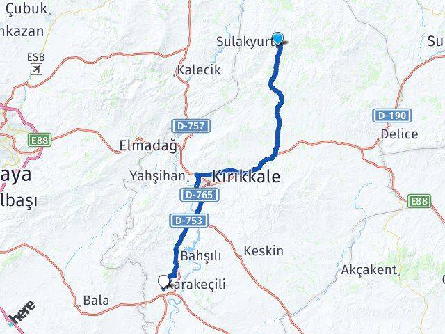 Kırıkkale Sulakyurt Karakeçili Arası Kaç Km - Yol Haritası