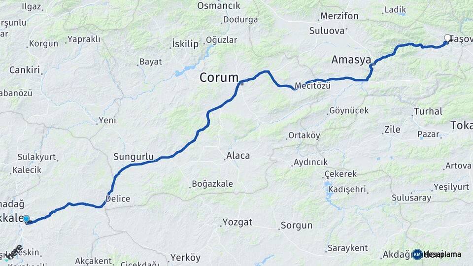 Kırıkkale Taşova Amasya Arası Kaç Km - Yol Haritası