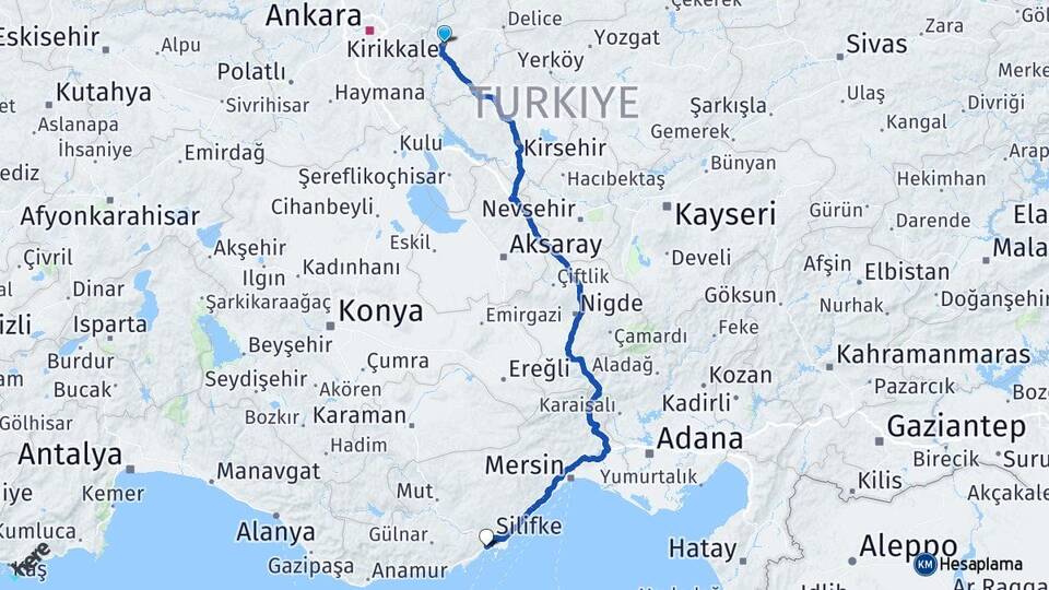 Kırıkkale Taşucu Silifke Mersin Arası Kaç Km - Yol Haritası