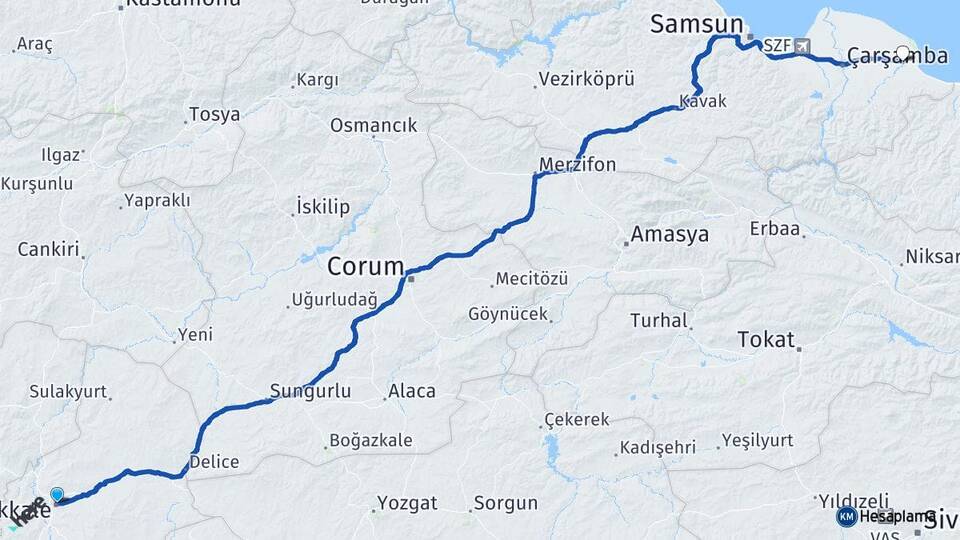 Kırıkkale Terme Samsun Arası Kaç Km - Yol Haritası