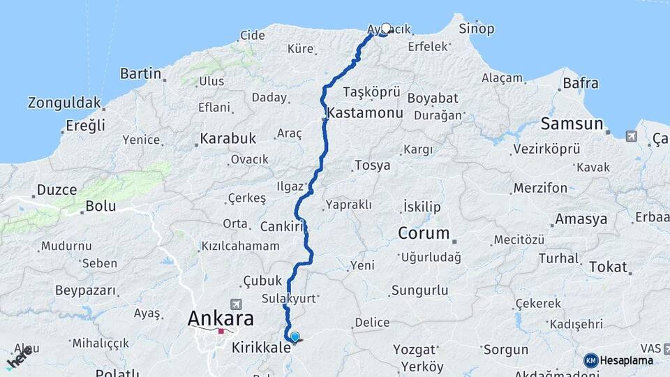 Kırıkkale Türkeli Sinop Arası Kaç Km - Yol Haritası