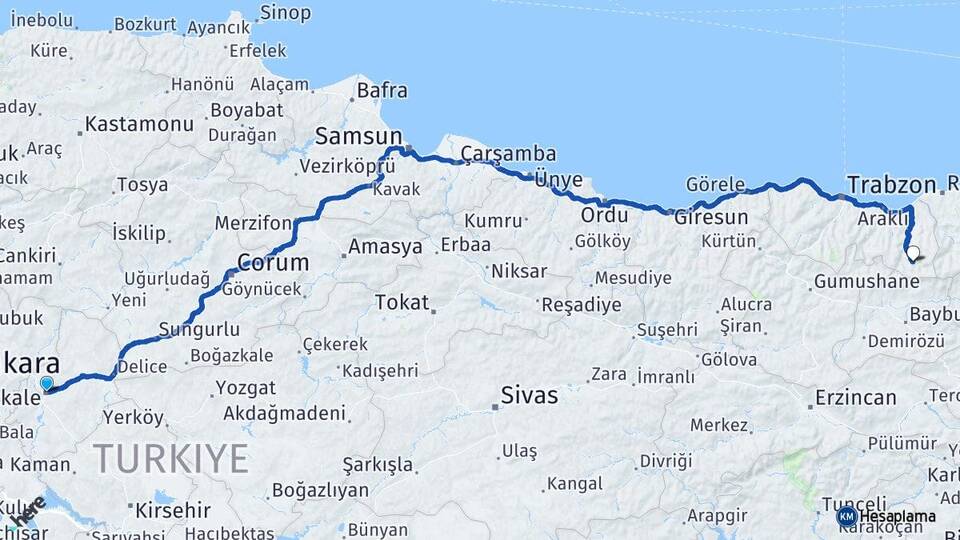 Kırıkkale Uzungöl Çaykara Trabzon Arası Kaç Km - Yol Haritası