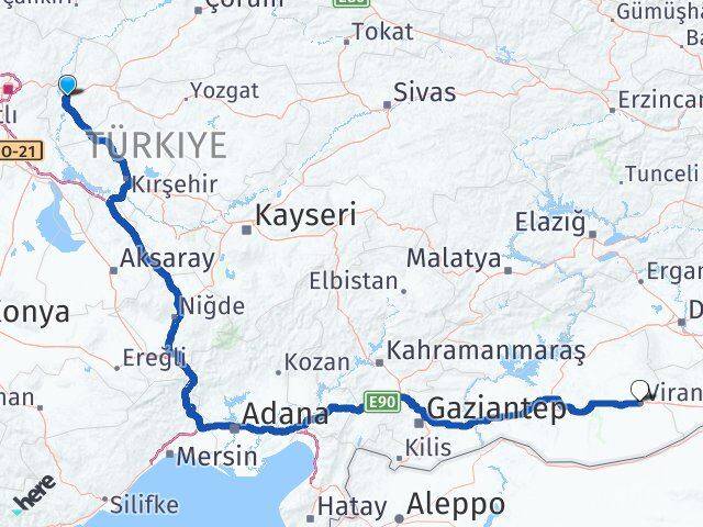 Kırıkkale Viranşehir Şanlıurfa Arası Kaç Km - Yol Haritası