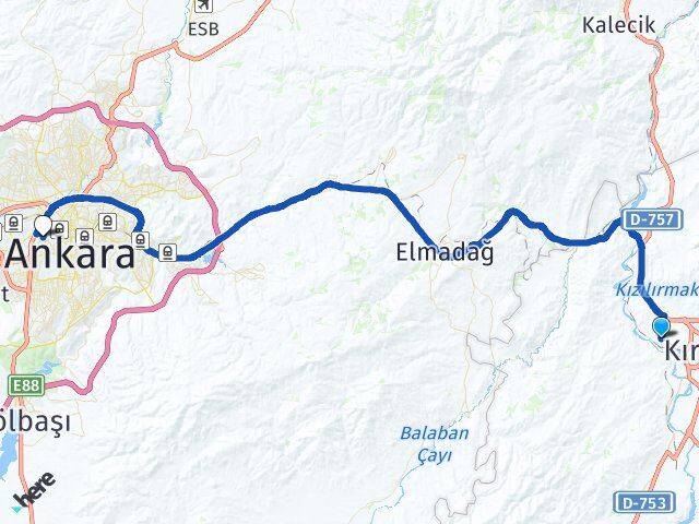 Kırıkkale Yahşihan Bahçelievler Çankaya Ankara Arası Kaç Km - Yol Haritası