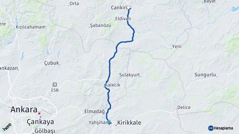 Kırıkkale Yahşihan Çankırı Arası Kaç Km - Yol Haritası