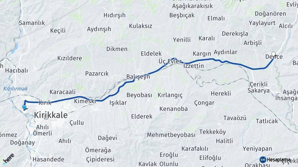 Kırıkkale Yahşihan Delice Arası Kaç Km - Yol Haritası
