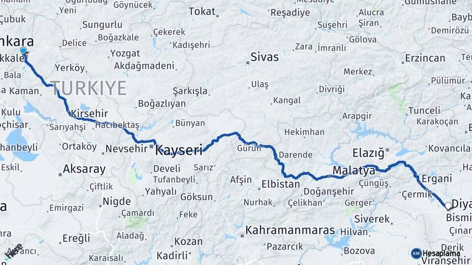 Kırıkkale Yahşihan Diyarbakır Arası Kaç Km - Yol Haritası