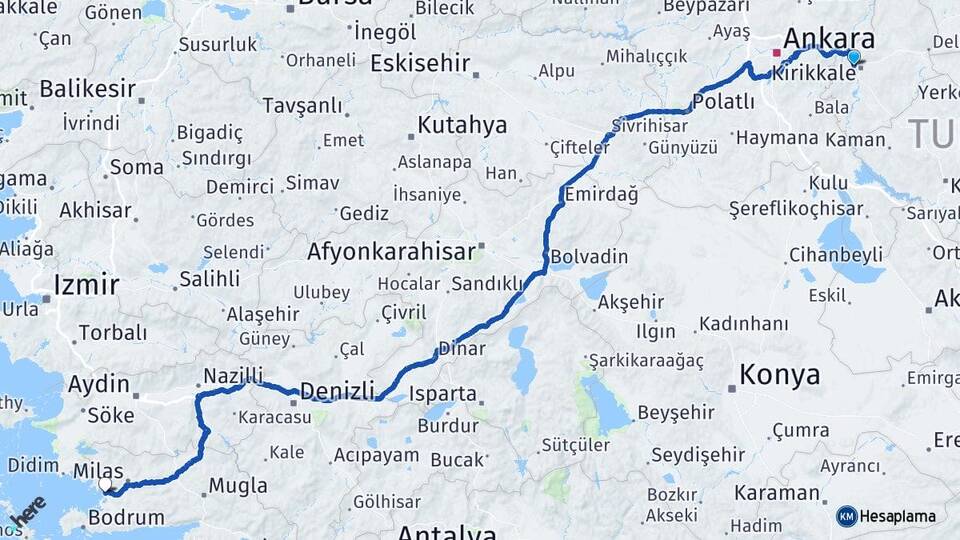 Kırıkkale Yahşihan Güllük Milas Muğla Arası Kaç Km - Yol Haritası