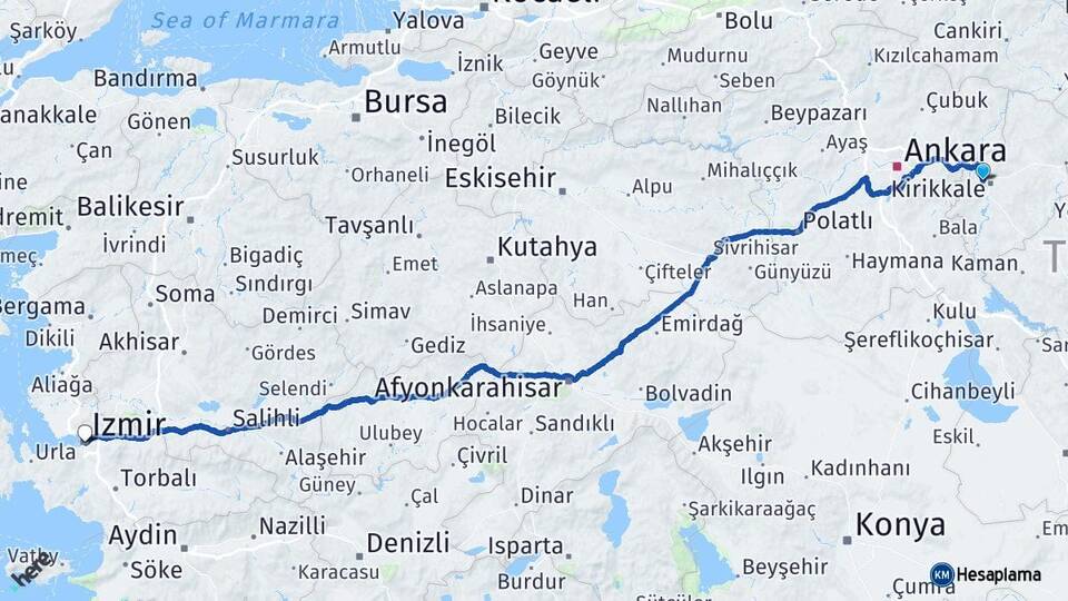 Kırıkkale Yahşihan İzmir Arası Kaç Km - Yol Haritası