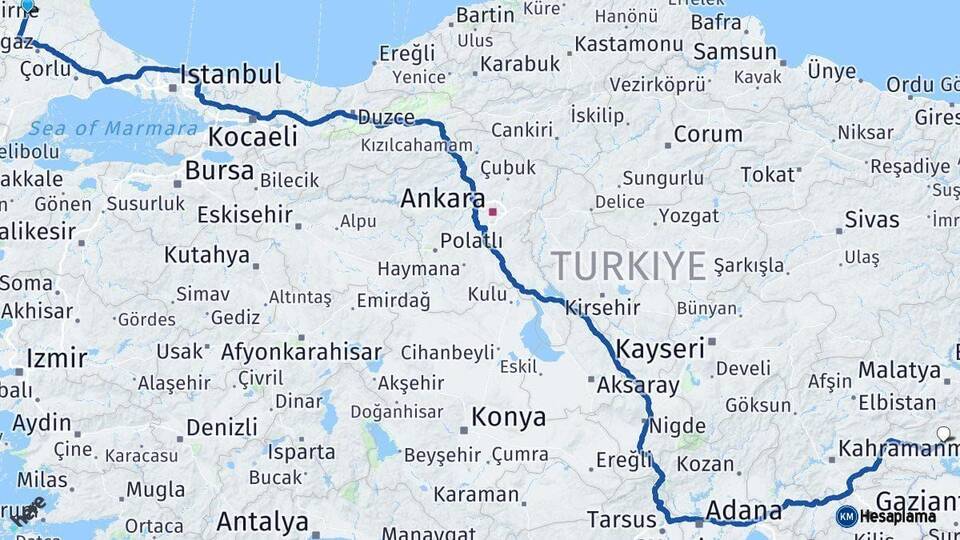 Kırklareli Adıyaman Arası Kaç Km - Yol Haritası