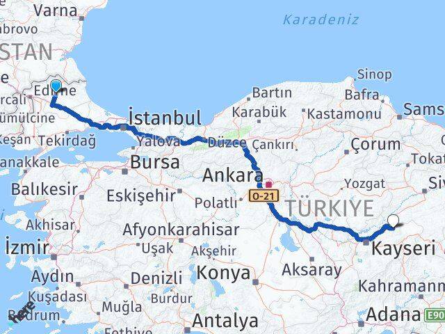 Kırklareli Akkışla Kayseri Arası Kaç Km - Yol Haritası