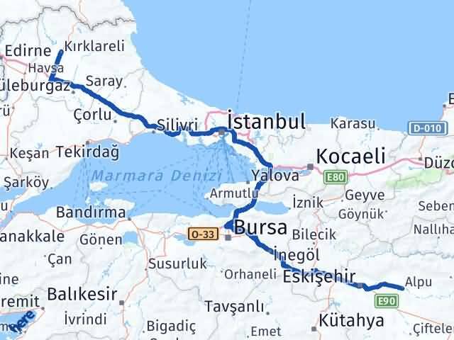 Kırklareli Alpu Eskişehir Arası Kaç Km - Yol Haritası