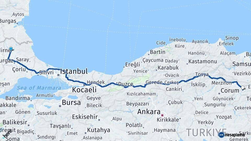 Kırklareli Amasya Arası Kaç Km - Yol Haritası