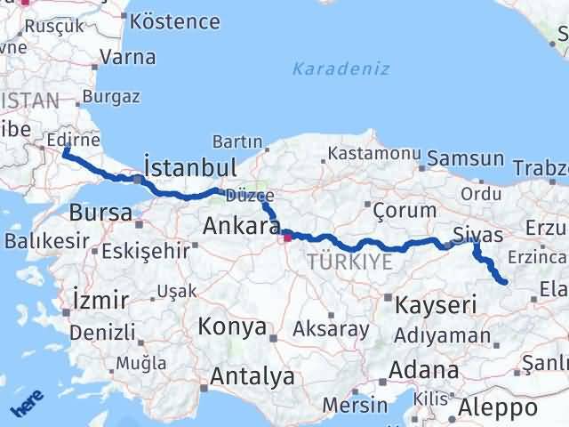 Kırklareli Arapgir Malatya Arası Kaç Km - Yol Haritası
