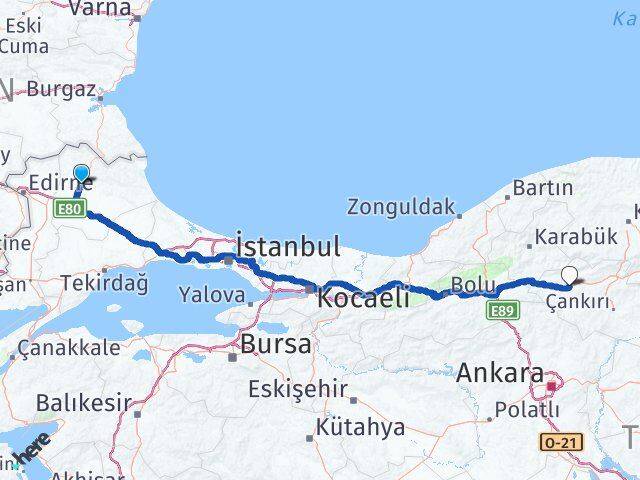Kırklareli Atkaracalar Çankırı Arası Kaç Km - Yol Haritası