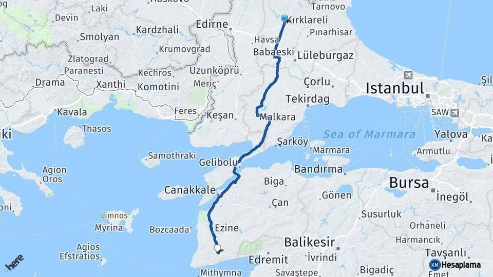 Kırklareli Ayvacık Çanakkale Arası Kaç Km - Yol Haritası