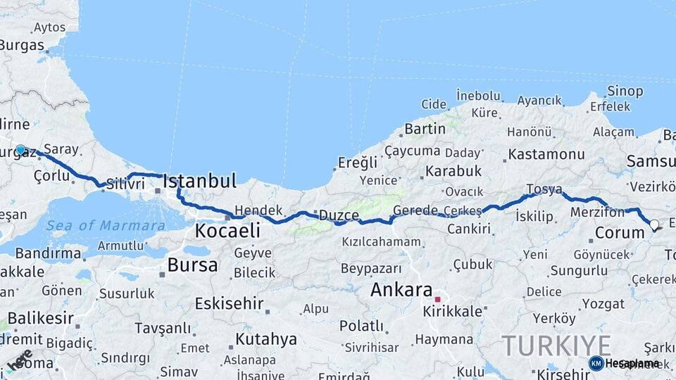 Kırklareli Babaeski Amasya Arası Kaç Km - Yol Haritası