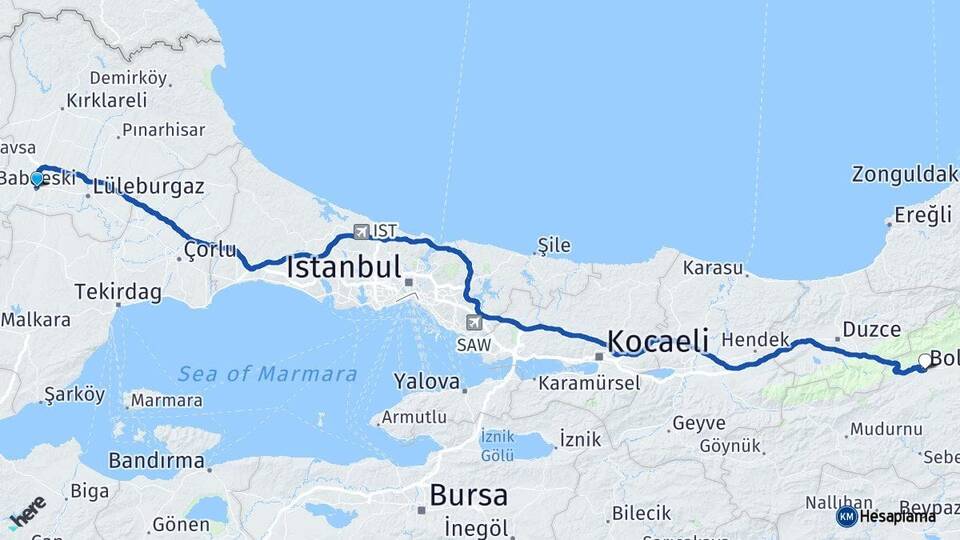 Kırklareli Babaeski Bolu Arası Kaç Km - Yol Haritası