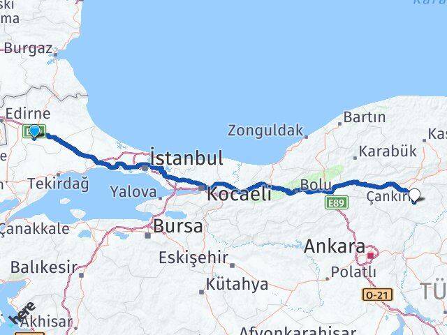 Kırklareli Babaeski Çankırı Arası Kaç Km - Yol Haritası