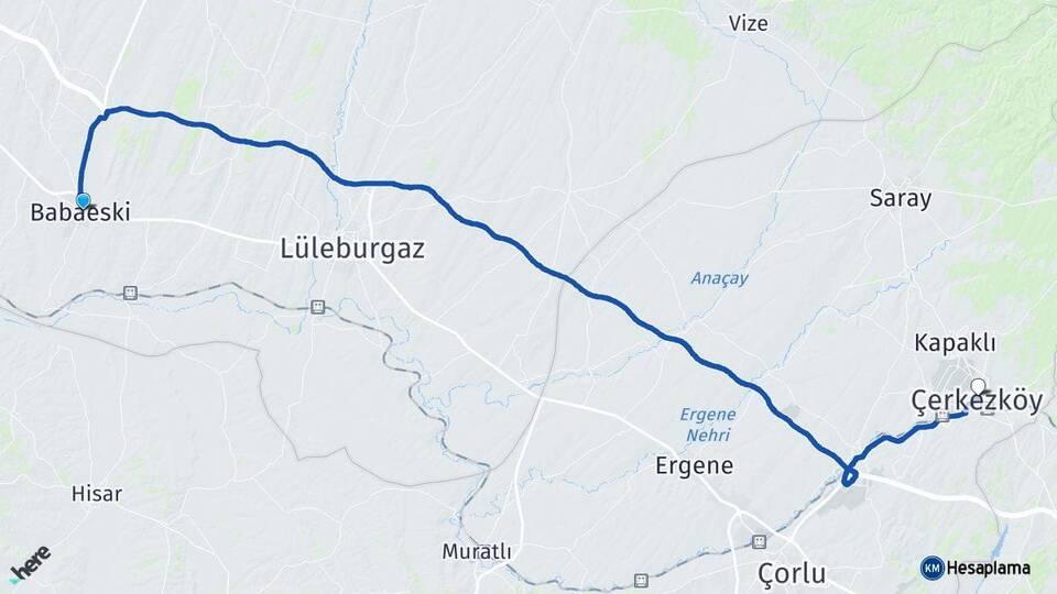 Kırklareli Babaeski Çerkezköy Tekirdağ Arası Kaç Km - Yol Haritası