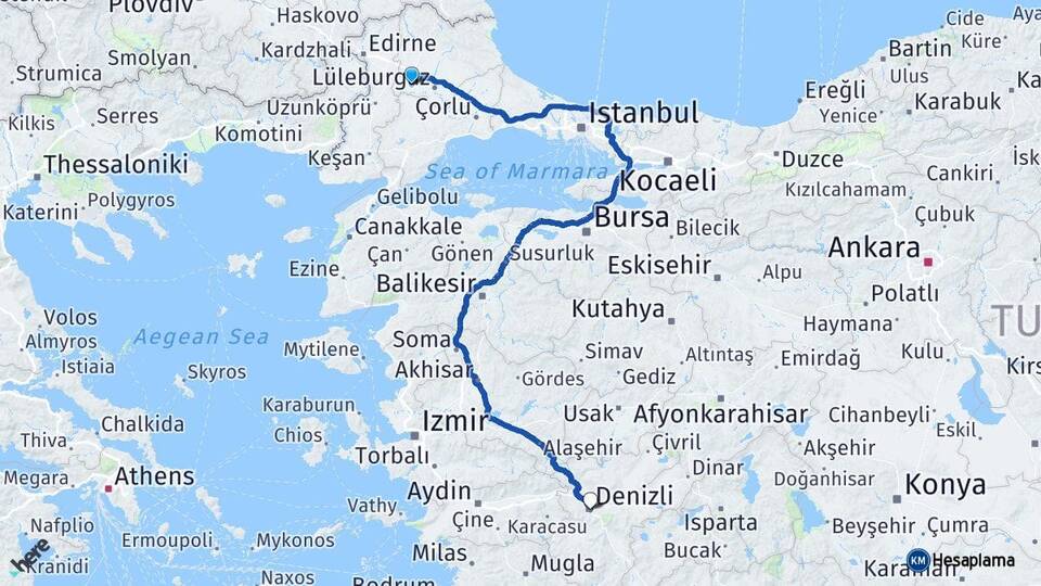 Kırklareli Babaeski Denizli Arası Kaç Km - Yol Haritası