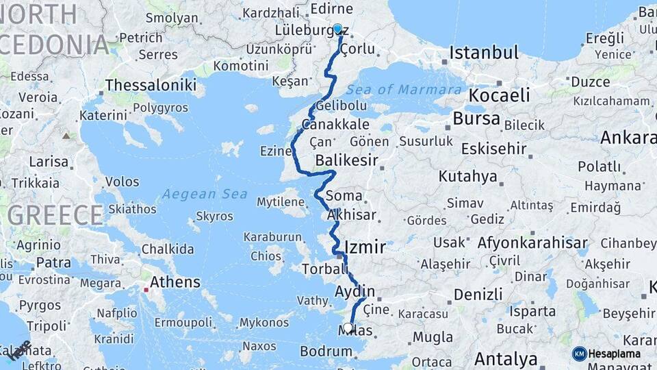 Kırklareli Babaeski Didim Aydın Arası Kaç Km - Yol Haritası