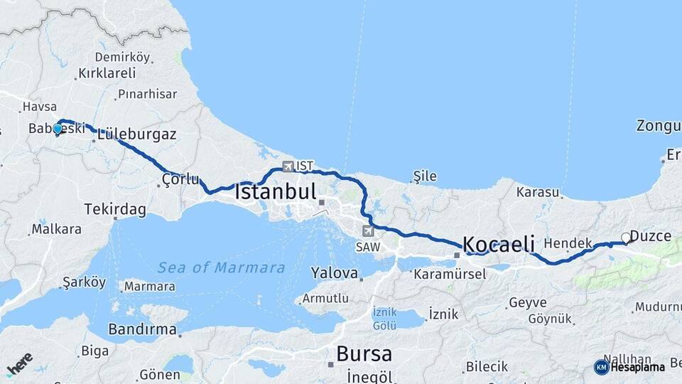 Kırklareli Babaeski Düzce Arası Kaç Km - Yol Haritası