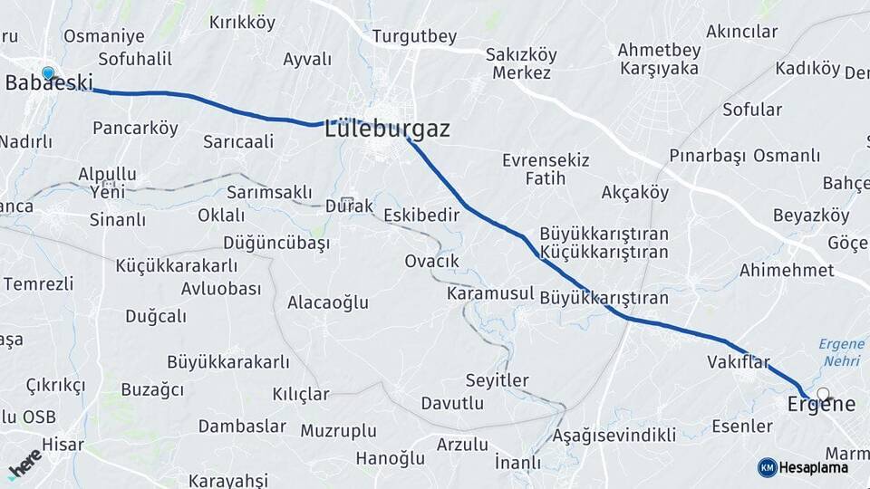 Kırklareli Babaeski Ergene Tekirdağ Arası Kaç Km - Yol Haritası