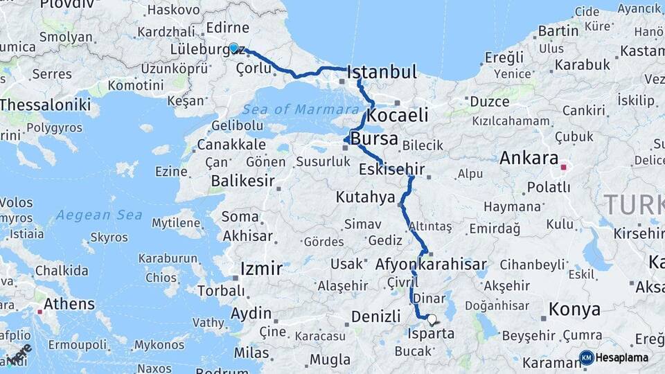 Kırklareli Babaeski Isparta Arası Kaç Km - Yol Haritası