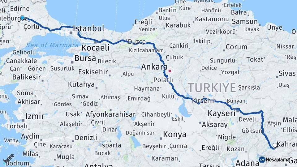 Kırklareli Babaeski Kahramanmaraş Arası Kaç Km - Yol Haritası